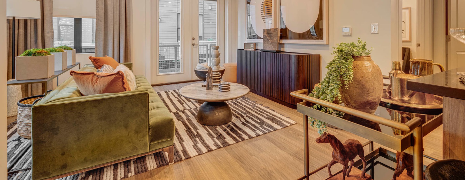 a living room with a large picture